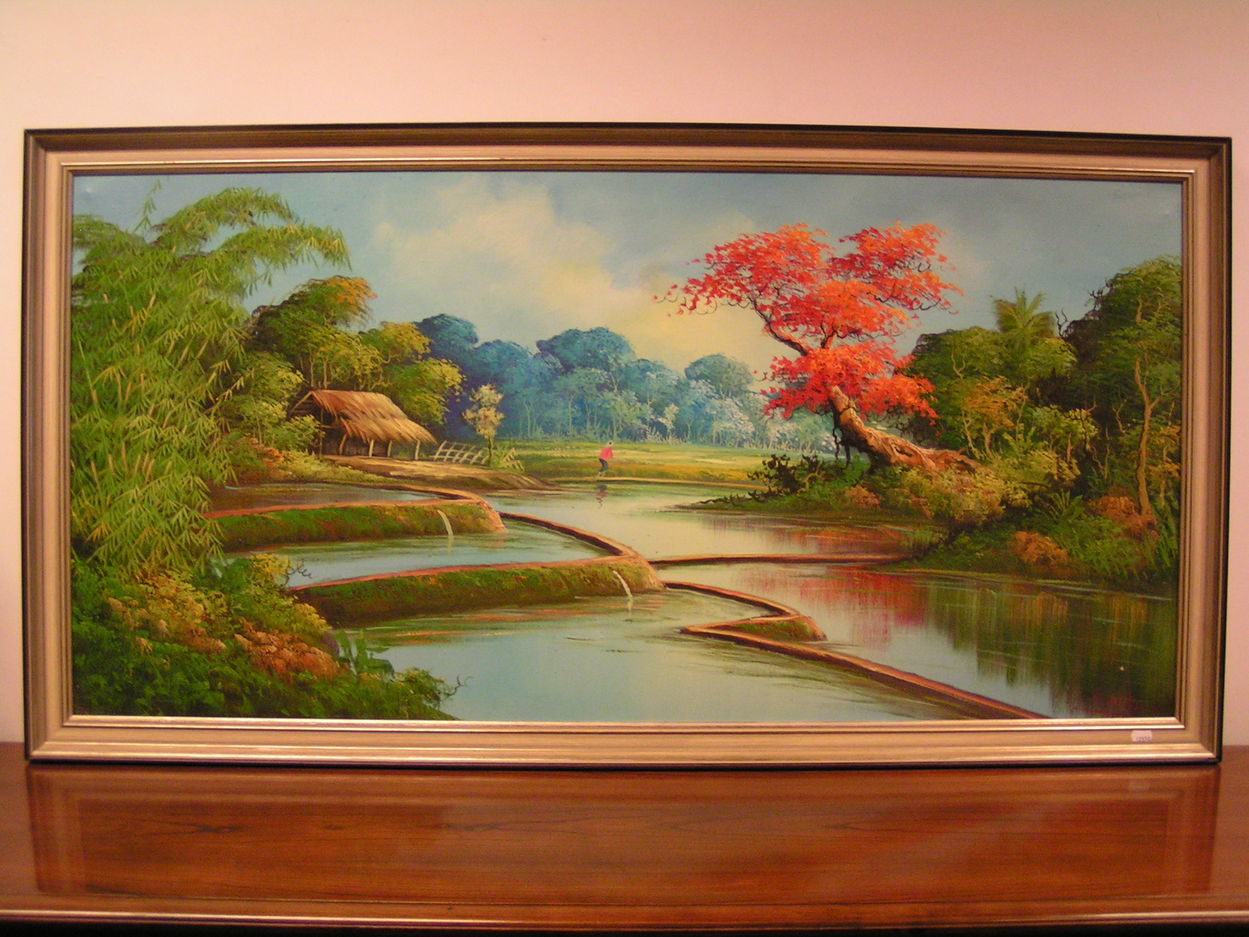 artikelnr 00232 Indonesisch Rijsveld: prijs 129 euro
schilderij 1.39m x 72 cm gesigneerd H. Sutisingh
Keywords: schiderij indonesisch rijsveld